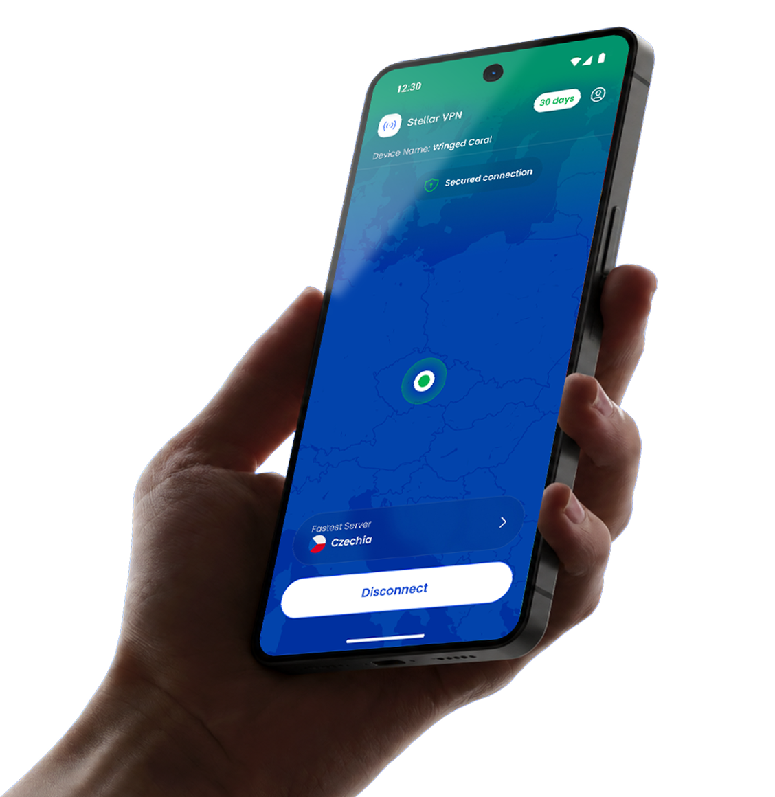Hand holding a phone running Stellar VPN